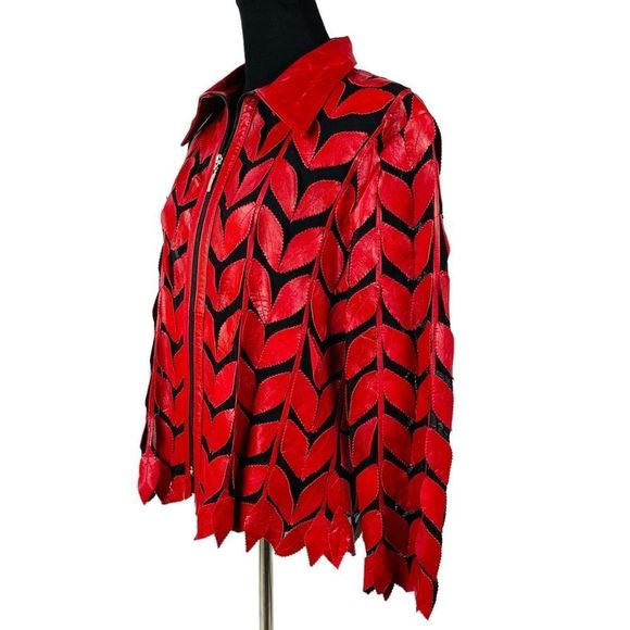 Natto Red Leather Leaf Jacket Blazer Sheer Mesh Classy Zip Front Soft Si… - Picture 9 of 10